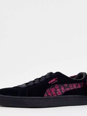 Puma Black Suede Sneaker with Pink Logo Print